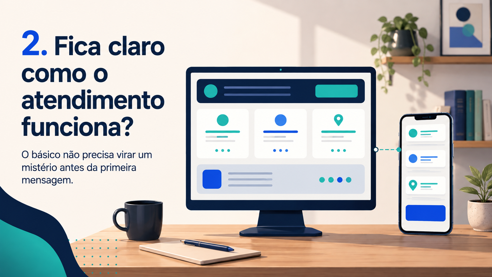 Computador e celular representando possibilidades de atendimento com informações organizadas.