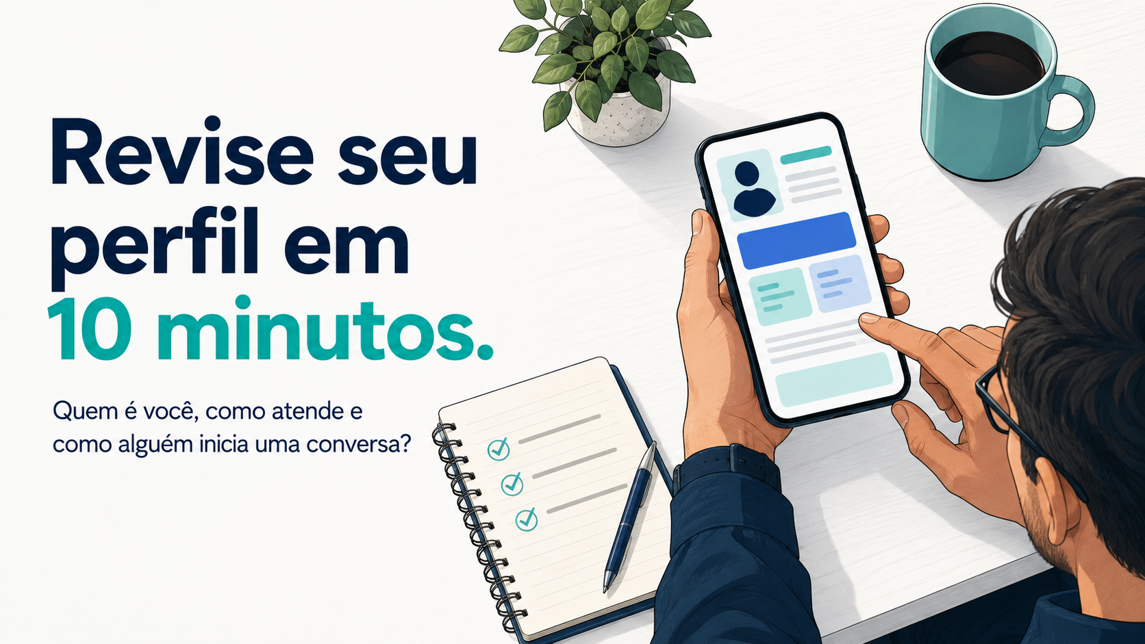 Pessoa revisando um perfil profissional no celular ao lado de um checklist.