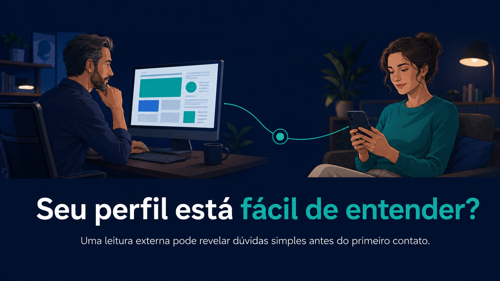 Duas pessoas em ambientes de trabalho conectadas por uma conversa inicial.