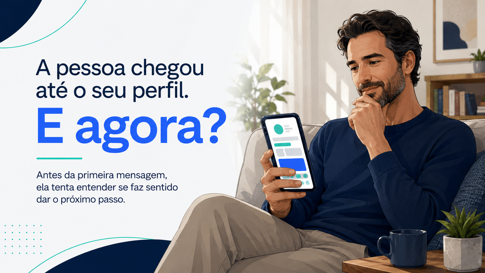 Pessoa olhando um perfil profissional no celular antes de iniciar contato.