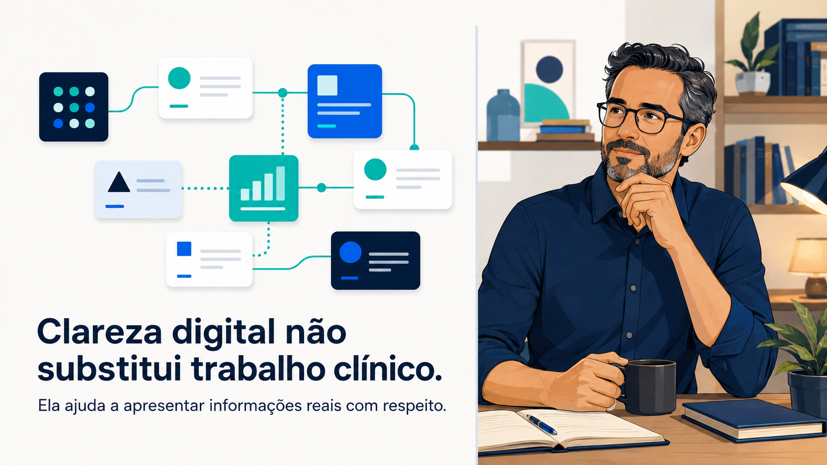 Representação de uma presença digital organizada e de uma profissional em ambiente de trabalho.